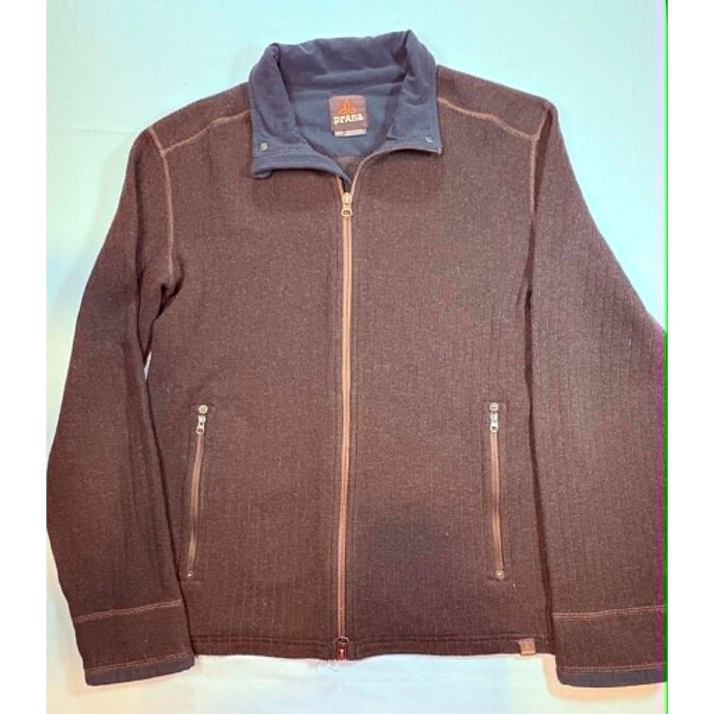 prAna Mens Full Zip Fleece Jacket Medium M Brown Textured Sweater Mock Neck Knit